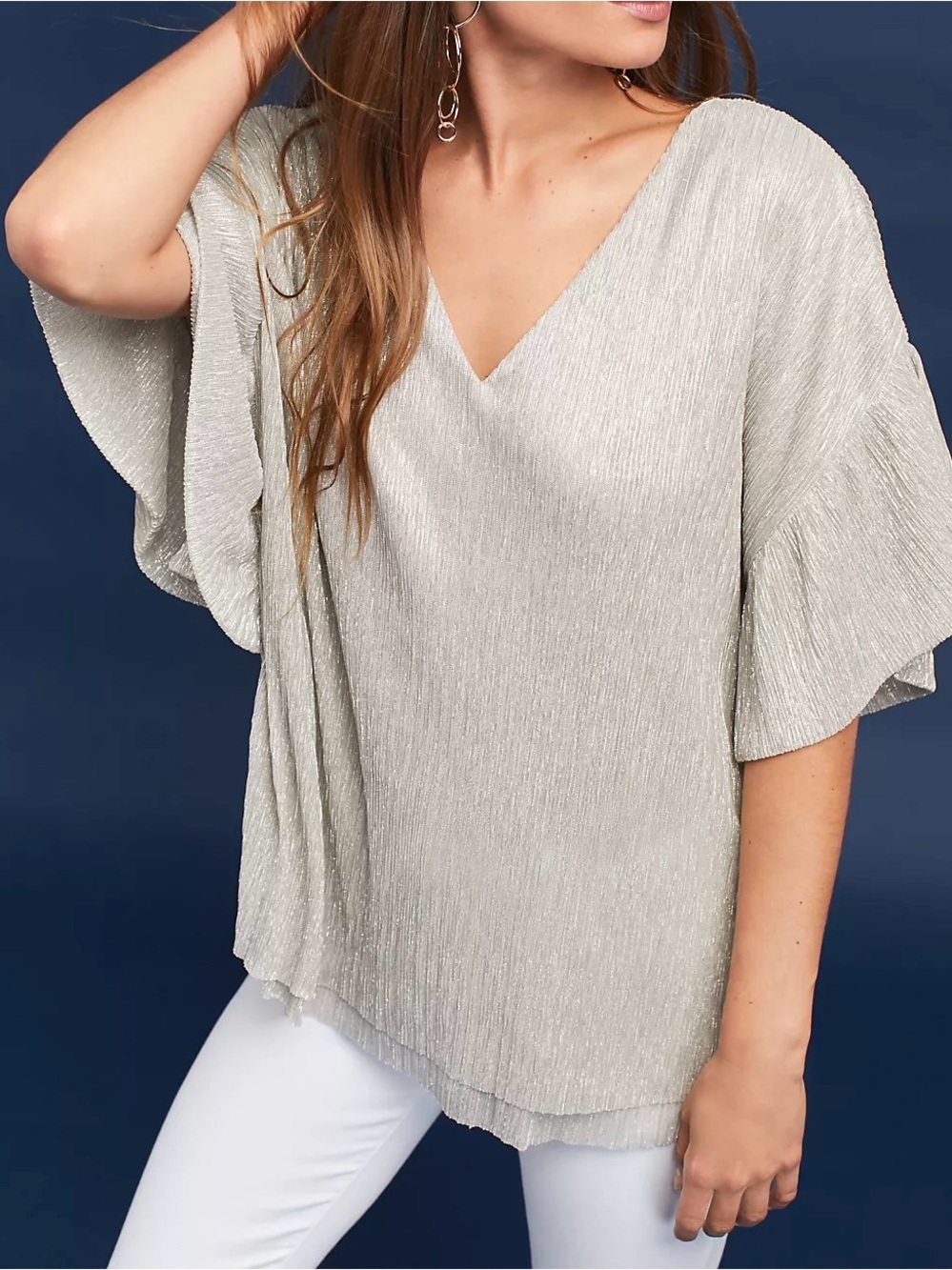 Anthropologie VanessaVirginia Silver Metallic V Neck Blouse NWT Size XS Top